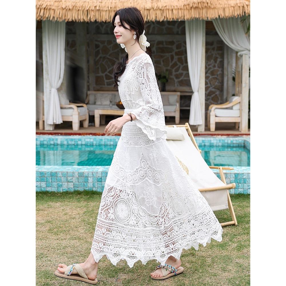 DIMANAF 2025 Women New Suit Skirt Knitting Beach Short Sleeve Lace Hollow Out Sexy O-Neck Hollow Summer Style Tops Tees Loose Basic