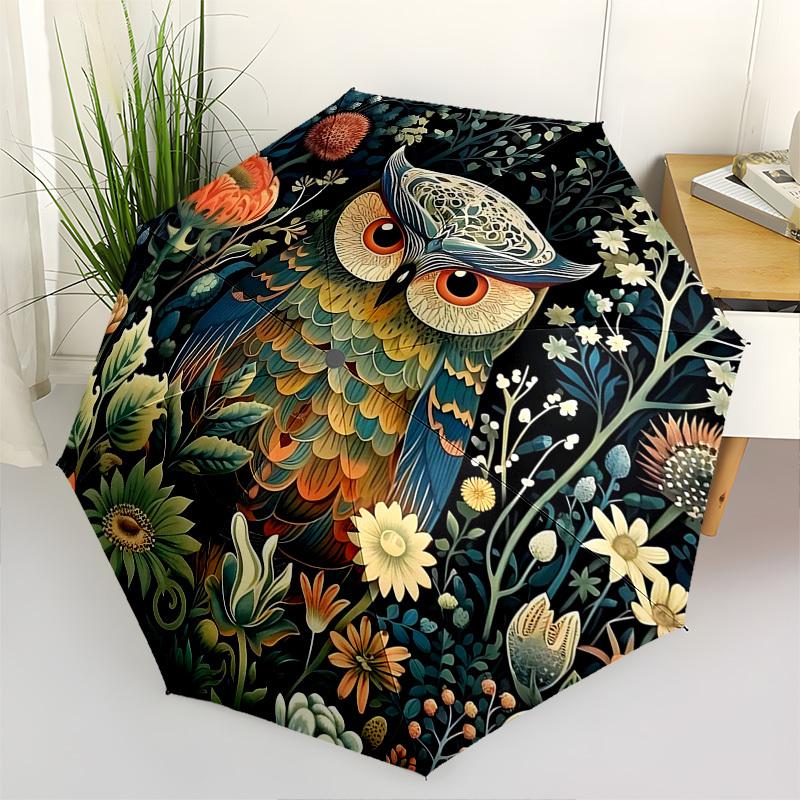 1pc Elegant Floral Owl Design Automatic Folding Umbrella, Portable 3-Fold Design with 8-Bone Iron Frame, Perfect for Outdoor Use, Festive Gifts, Trave