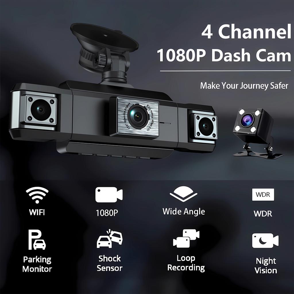 1080P Quad Dash Cam, 4-Channel 4-Screen Display, WiFi, Phone Sync, Rear View, Night Vision, Wide Angle
