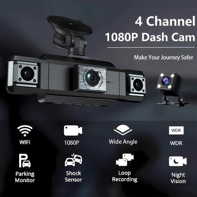 4-kanałowa kamera samochodowa na deskę rozdzielczą, HD 1080P, Rejestrator DVR (Czarna Skrzynka), Widoczność w Nocy, 24H Monitorowanie Parkowania 360°, WiFi, Kamera Cofania