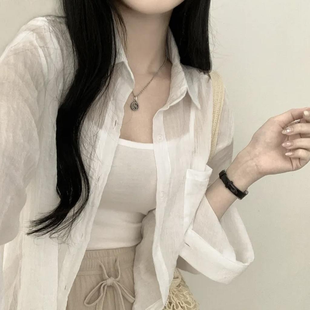 Summer Ice Cream Color Loose Long Sleeve Women's Shirt Sun Protection Folded Design Commute Style Thin Material Pure Color