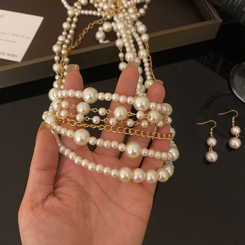 Fashion Exaggerated Multi-Layer Pearl Necklace and Earrings Suite Women's Fashion Long Heavy Industry Sweater Chain Elegant Classy Accessories
