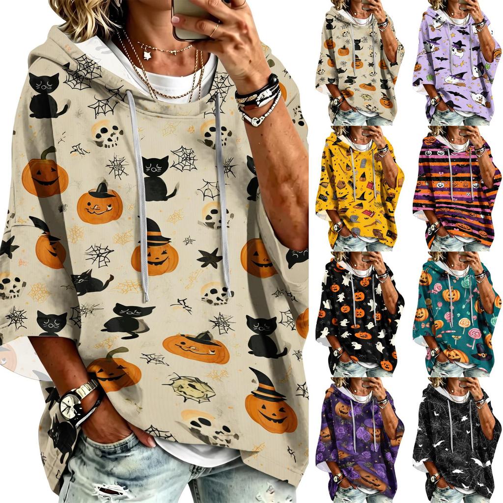 Women's 3/4 Sleeve Hooded Pullover Top with Halloween Print