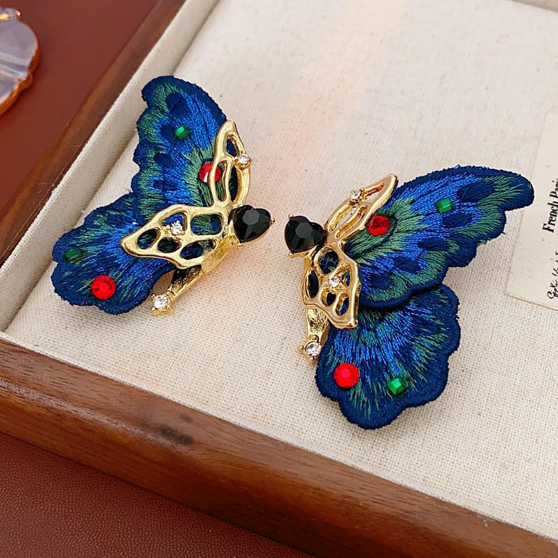 Handmade Vintage-Style Butterfly Stud Earrings With Rhinestone Embroidery Heart Charm Women Chic Fashion Jewelry 1 Silver Pin - Blue
