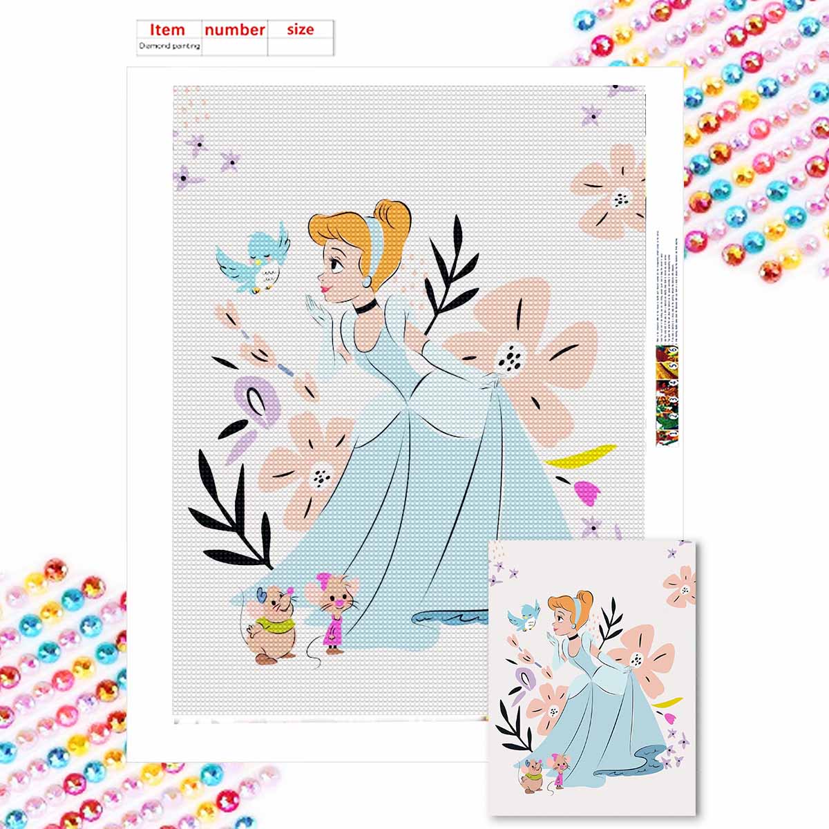 

5D Diy Diamond Painting Cinderella and The Little Bird Full Drill Rhinestones Mosaic Embroidery Handmade Products Home Decor Gift Round 20x30cm