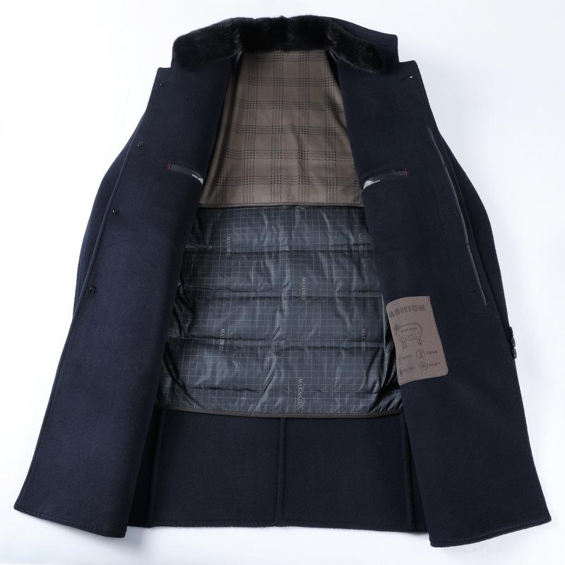 Double-sided Cashmere Coat for Men, Mid-length Winter Thickened and Warm Daddy Style Mink Fur Collar Down Liner Jacket