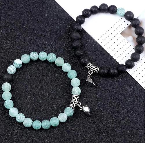 Hot Sale 2Pcs/Set Beads Bracelet For Lovers Natural Stone Distance Heart Magnet Couple Bracelets Friendship Fashion Jewelry Gift