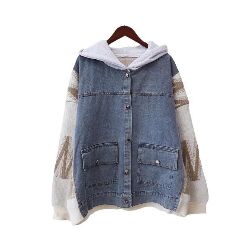 Autumn and winter new hooded splicing denim knitted cardigan design sense loose casual sweater jacket women