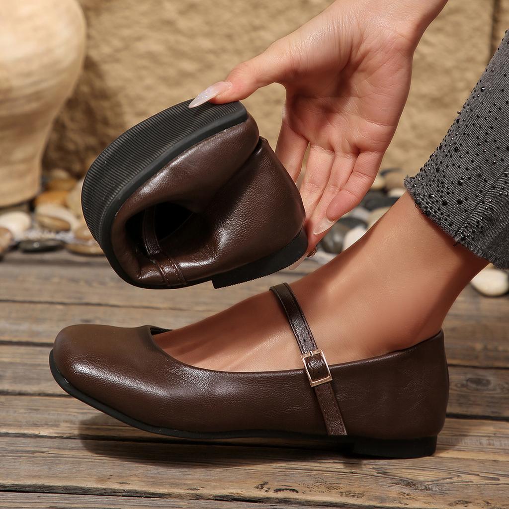 2026 New Women's French Vintage Mary Janes Leather  with Antique Brass Buckle Low Heel Dress Shoes Spring Flats Shoe