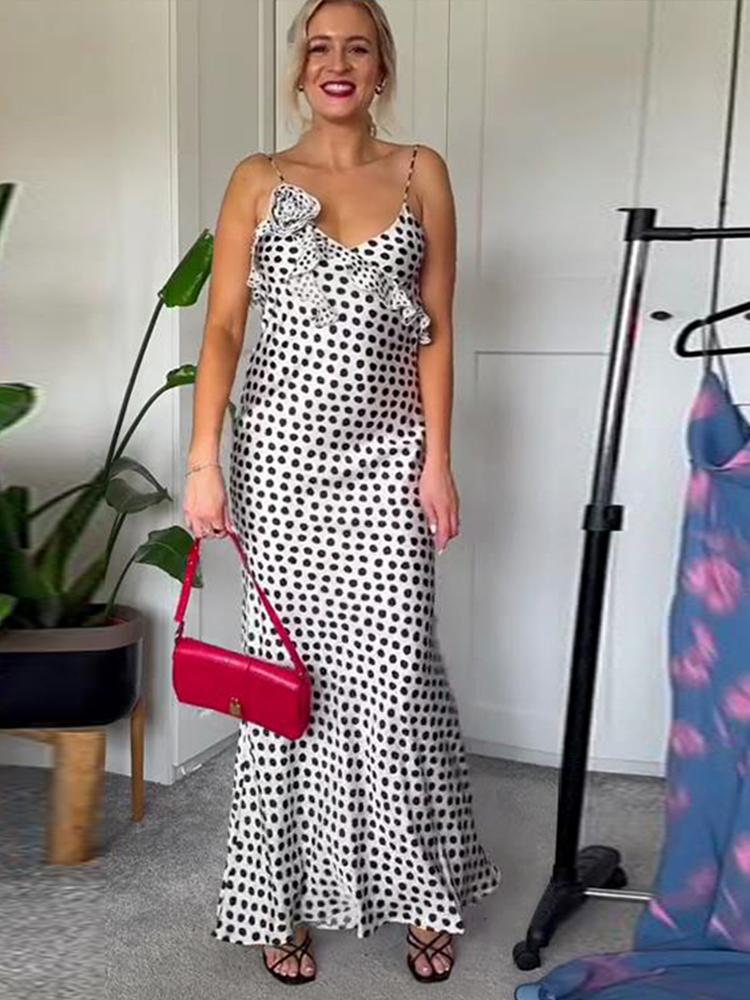 Dot Printed Sling Long Dress Women V-neck Sleeveless Backless 3D Flower Female Summer Party Holiday Lady Robe