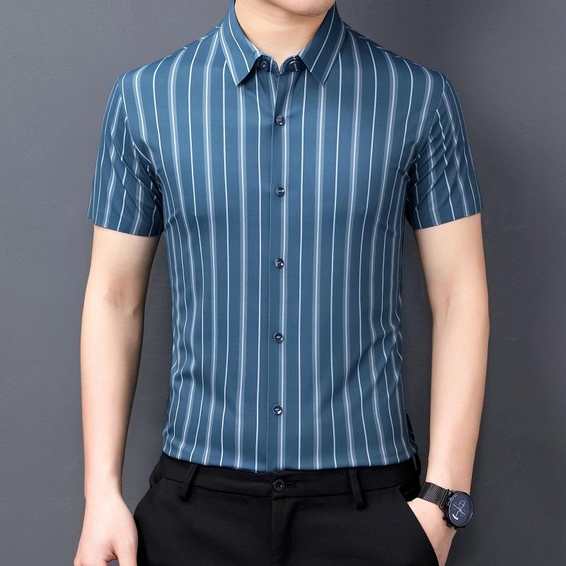

Весенне-летняя новая полосатая рубашка, мужская повседневная деловая рубашка с коротким рукавом, облегающая мужская рубашка среднего возраста M