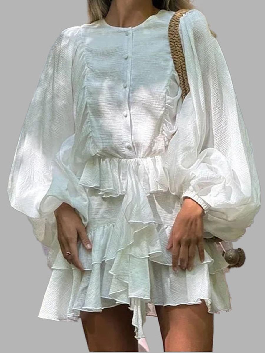 

Spring Fashion New Style Casual Elegant Temperament Solid Color Pleated Hem Long Sleeve Dress Without Belt L білий