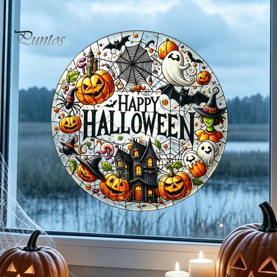 Pumpkin Ghost Wall Stickers Halloween Stained Glass Style Static Window Clings, Waterproof PVC Bat Seasonal Home Accents Haunted House Decals,