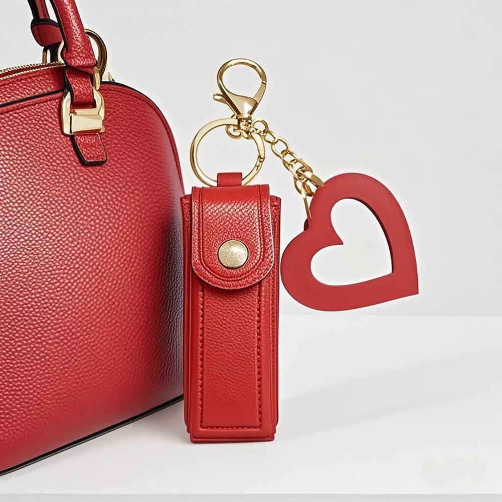 Portable PU Leather Lipstick Holder Keychain With Heart-Shaped Mirror For Women Girls Handbag Charms Accessory Creative Gift