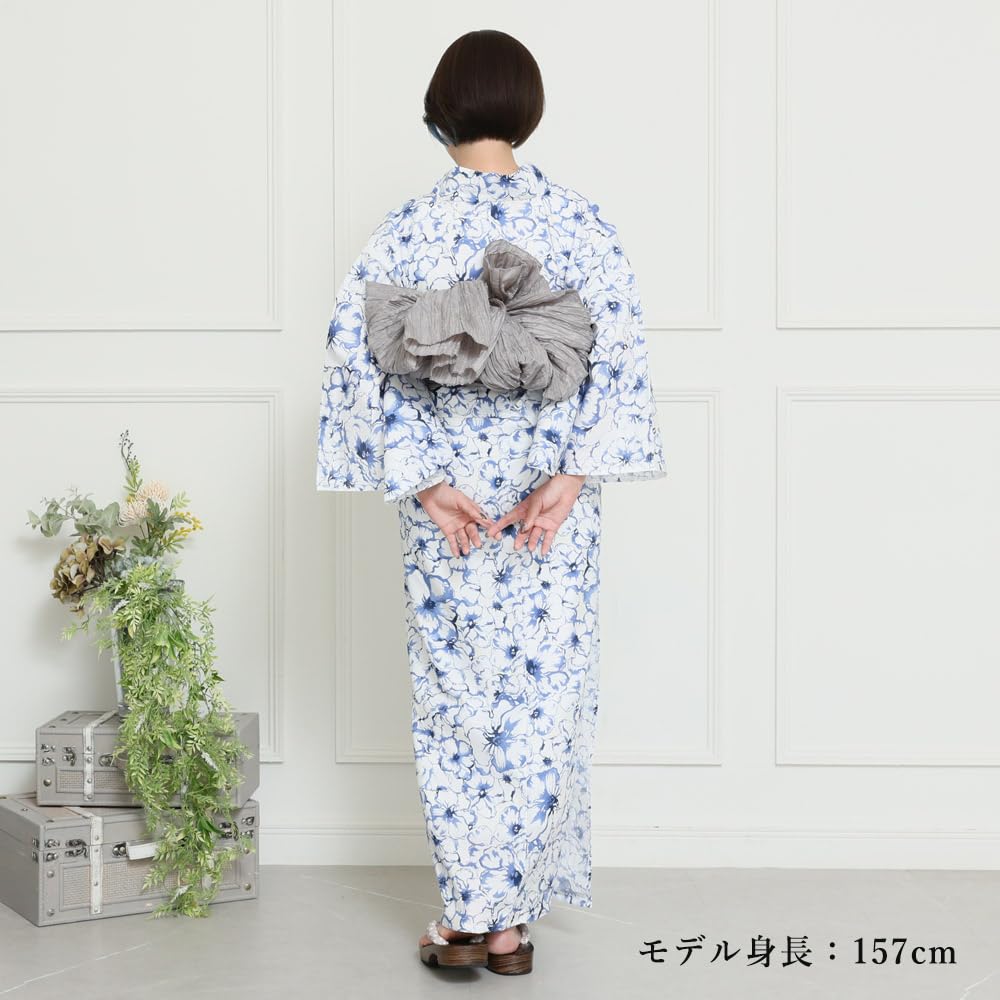 [Kyoto Kimono Yuzen] Women's Yukata Set with Heiko Obi (2-piece set) Floral Pattern Summer Kimono Cotton Koubai (Blue)