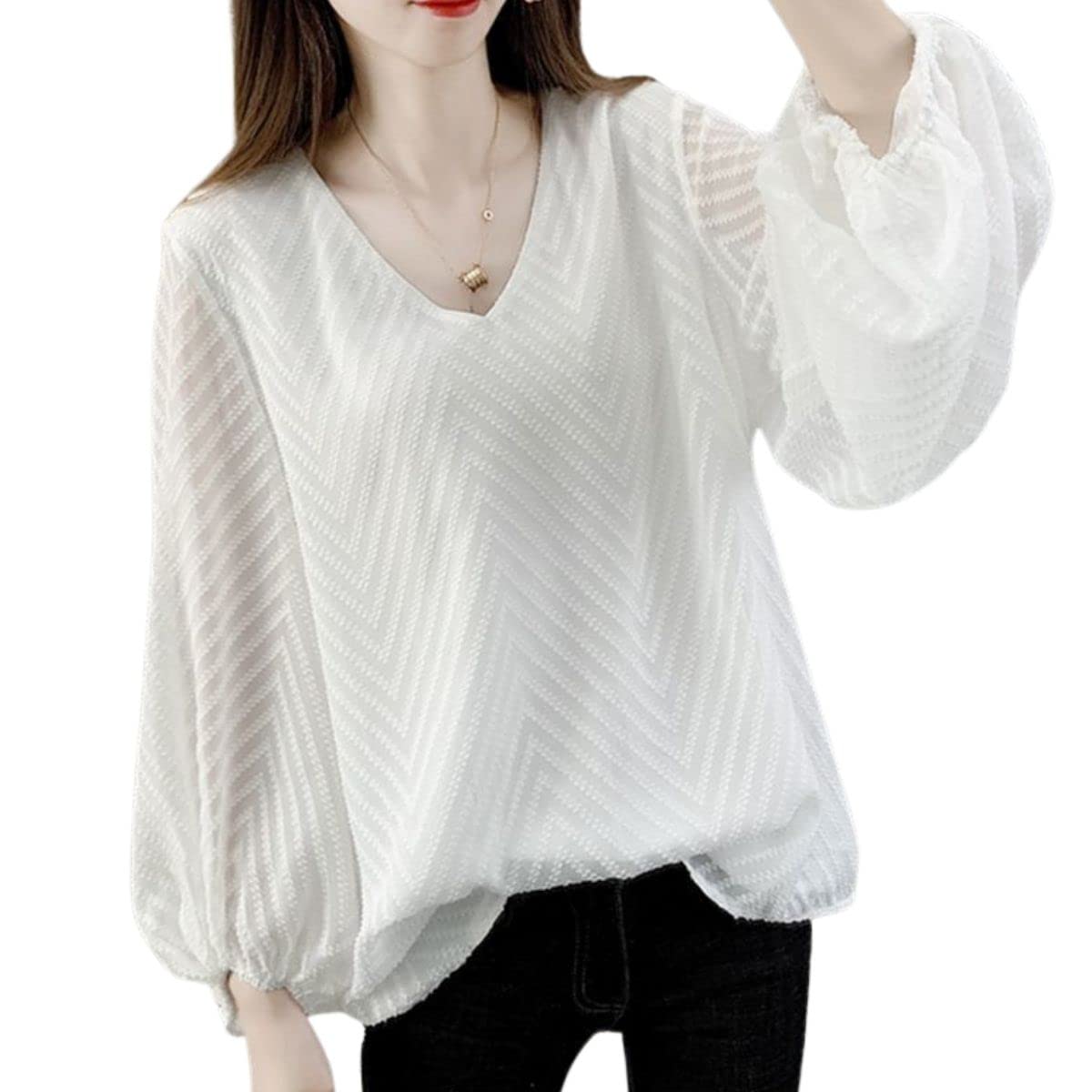 

Blouse with Balloon Loose Stylish Long Flattering Chiffon Top for and Fall [SHARE ITEMS] Women s Sleeves, Fit, Sleeves, V-Neck, Cute, Spring, Summer, белый