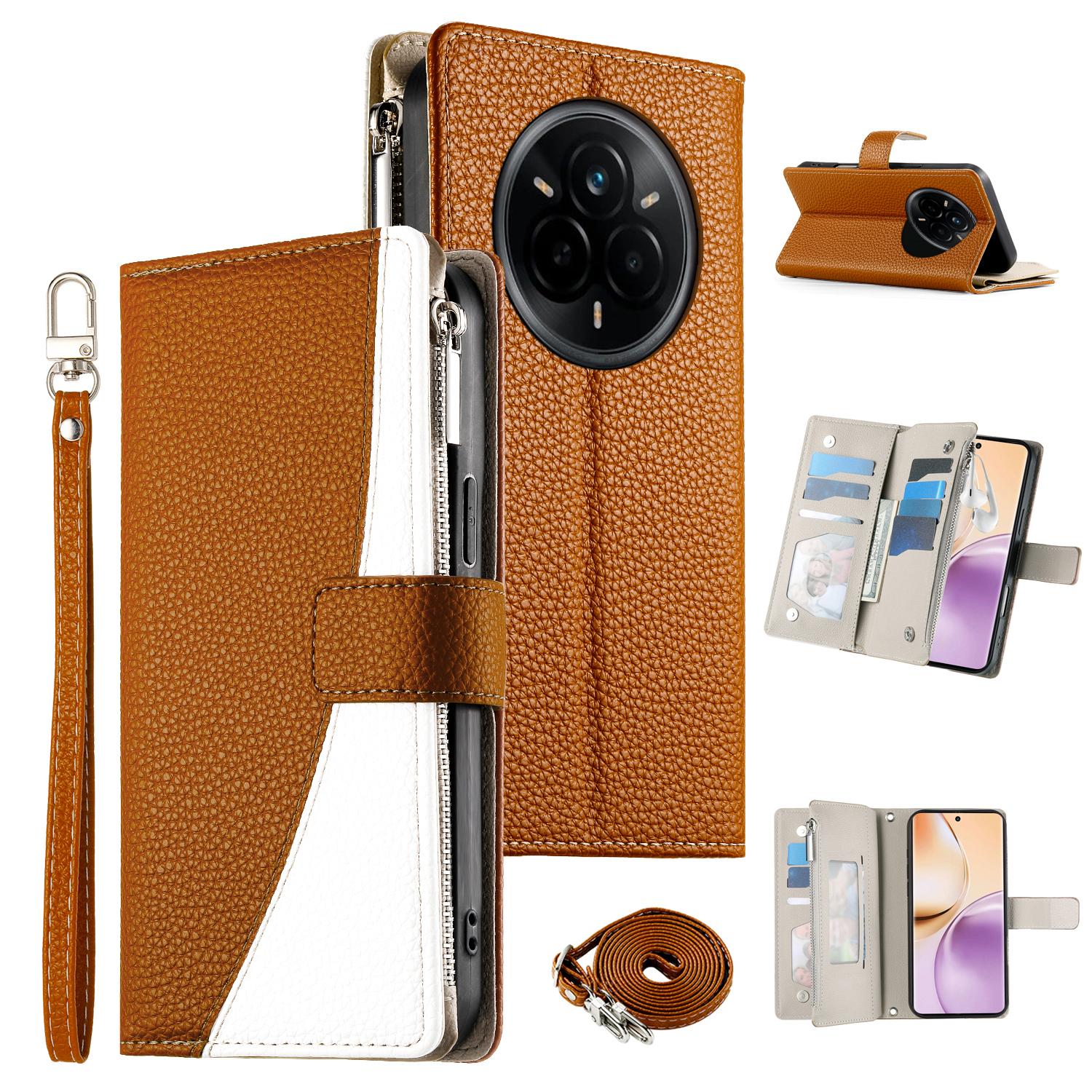 

For Realme 14 Pro 5G Case Zipper Wallet Color Splicing Leather Flip Phone Cover with Straps Brown