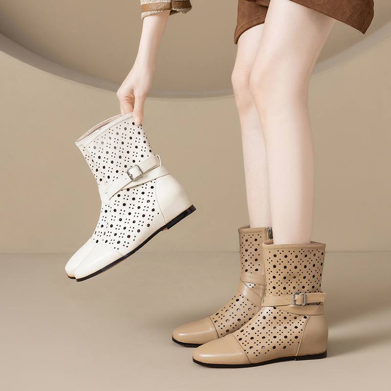 Krazing Pot Cow Split Leather Round Toe Size 43 Increaseing Summer Boots Fashion Hollow Decorations Buckle Summer Boots