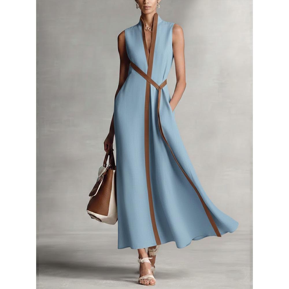 Damen Standkragen Ärmellos Unifarben Kontrastbänder Wickelgürtel Leinenmischung Maxikleid Elegant Pendler Täglich Urlaub Langes Sommerkleid