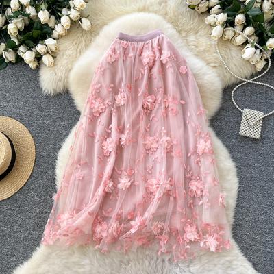 Letná dámska sieťovaná výšivka 3D kvet Vysoký pás Dlhá midi tylová sukňa