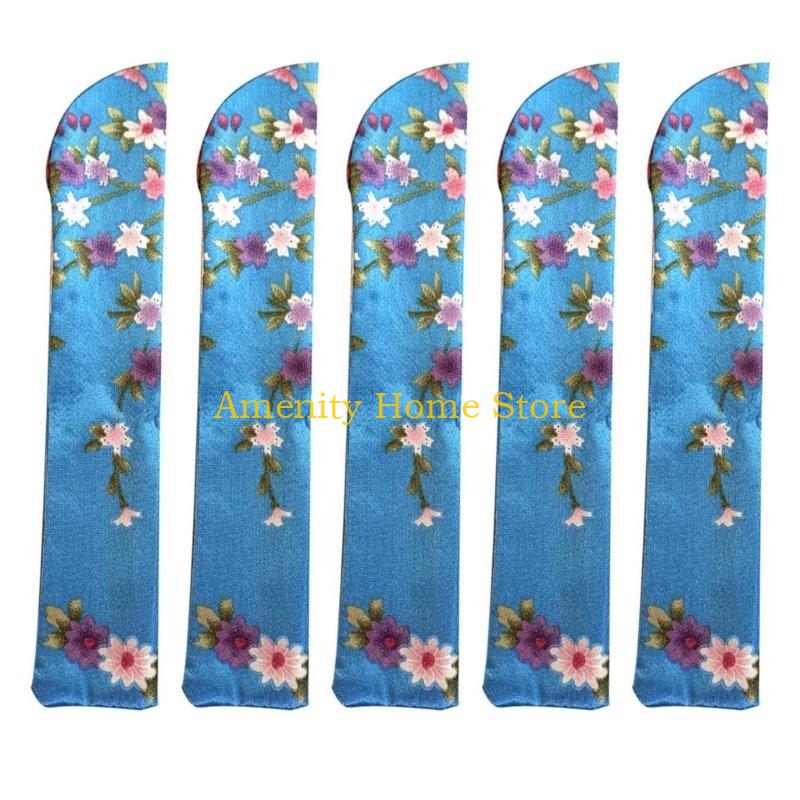 F26C 5Pcs Elegant Vintage Flower Folding Fan Silk Storage Bag Dustproof Protective Pouch Chinese Hand Fan Cover Case Sleeve