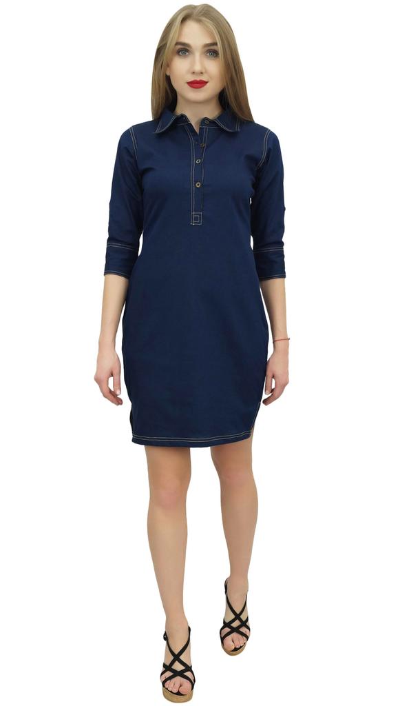 Bimba Women's Classic Collar Neck Denim Casual Dark Blue 3 4 Sleeve Dress -