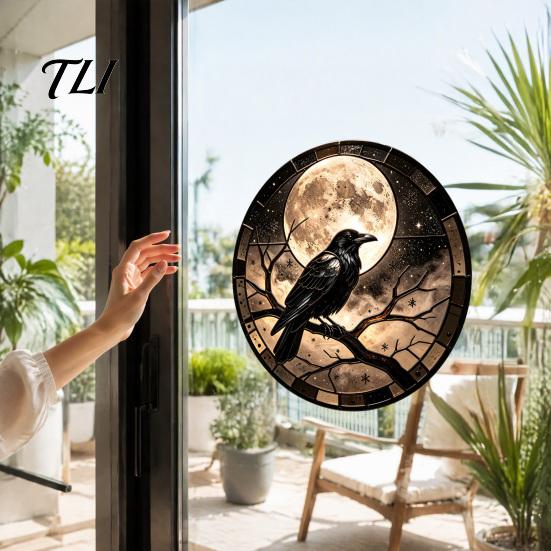 Decorative Window Privacy Film Halloween Raven Moon Static Glass Sticker, Removable Decals, Vintage Party Supplies Crow PVC Waterproof Cling for