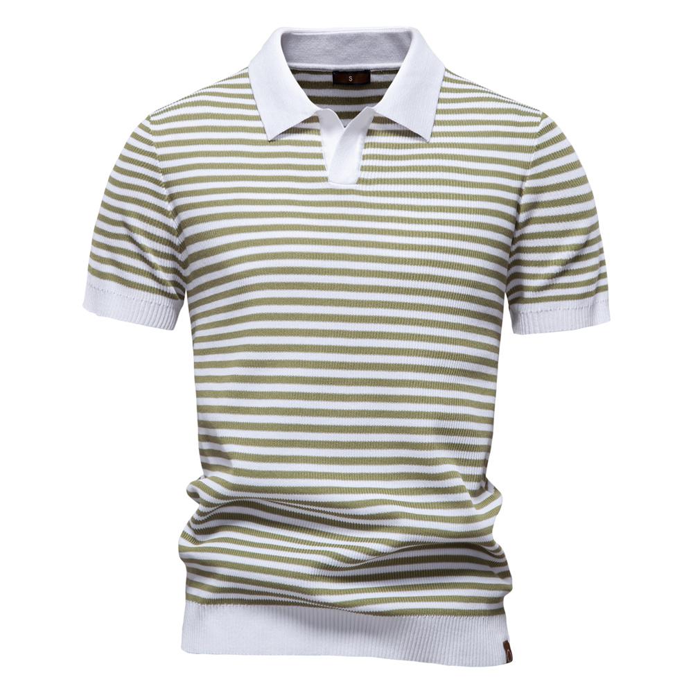 AIOPESON Men Knitted Strip Polo Shirt V Neck Short Sleeve Summer Knitwear Breathable Top Polo Men