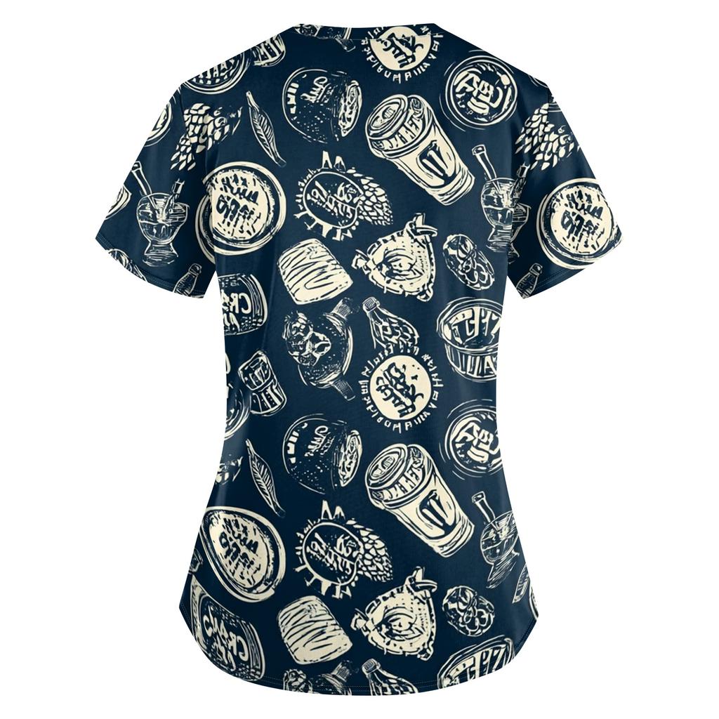 Women's Oktoberfest Print V-Neck Short Sleeve Scrub Top with Pockets, Loose Fit