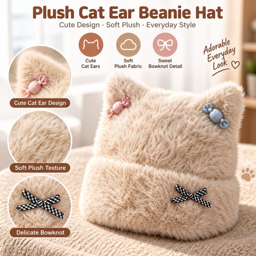 Plush Fabric Cat Ear Beanie Soft Fuzzy Texture Cute Cat Hat New Plush Beanie Hat Cold Weather Wear