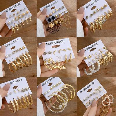 Set di Orecchini a Cerchio Geometrici Oro XP17 con Perle