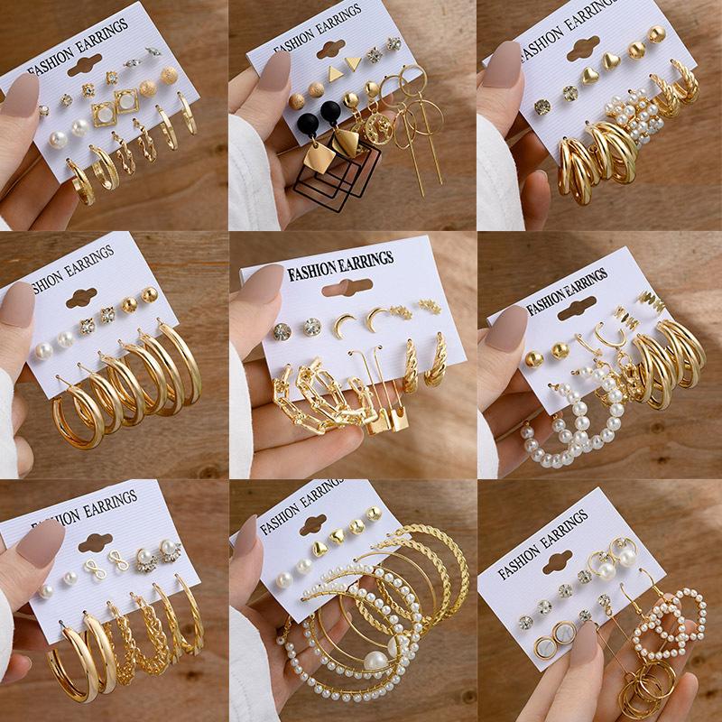 

XP17 Gold Geometric Pearl Hoop Earring Set for Women Alloy