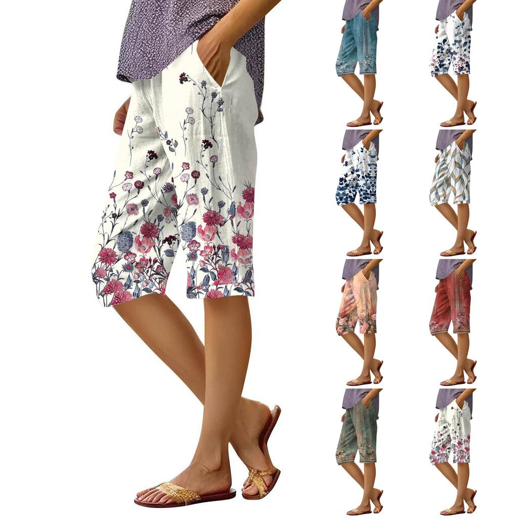 Dámské potištěné kalhoty Módní kapsa Elastický pas Ležérní šortky