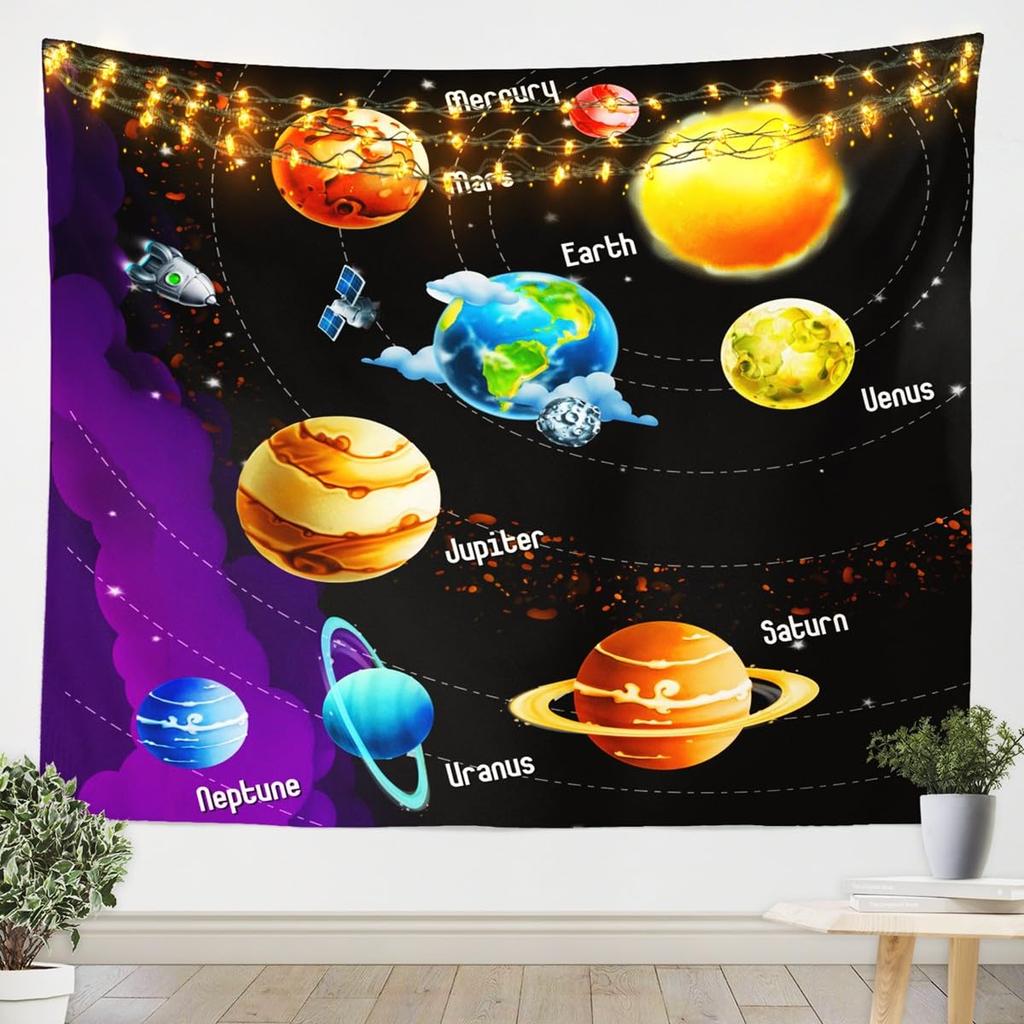 Galaxy Tapestry Outer Space Wall Tapestry for Boys Kids Universe Themed Tapestries Cute Cartoon Planet Rocket Print Wall Hanging