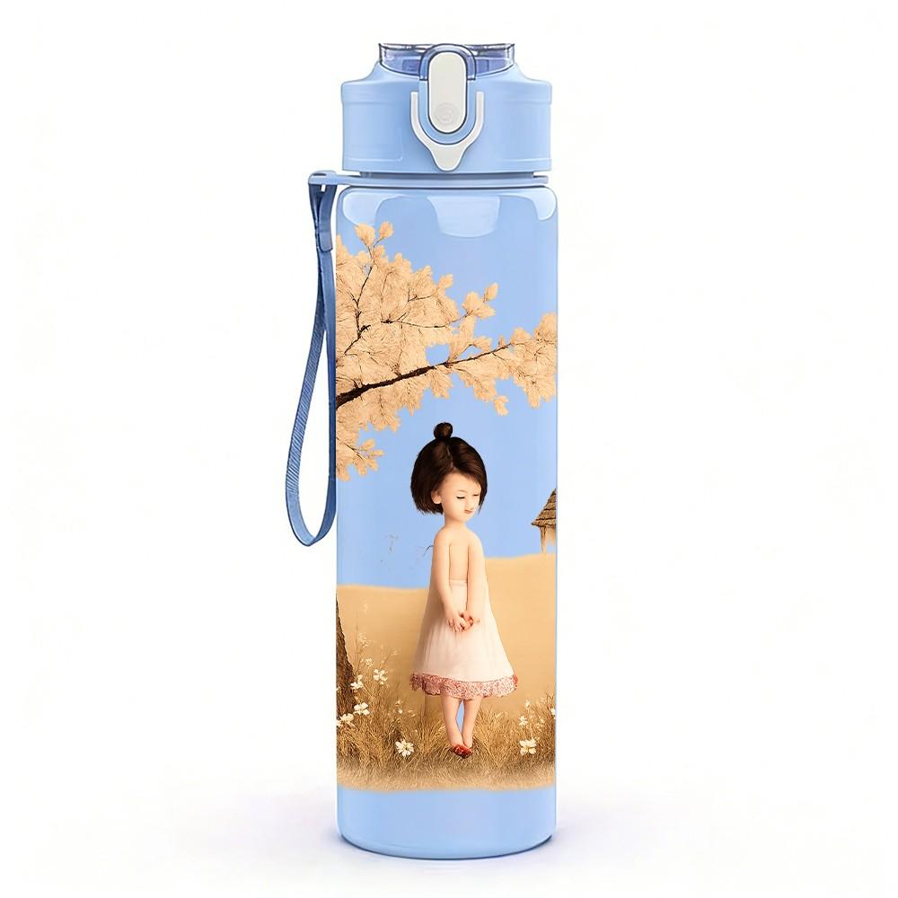 1PC Little Girl Under Big Tree Scene Print 750ml Color Plastic Sports Water Bottle Leakproof Flip Straw Lid Suitable for Sports Office Home Use
