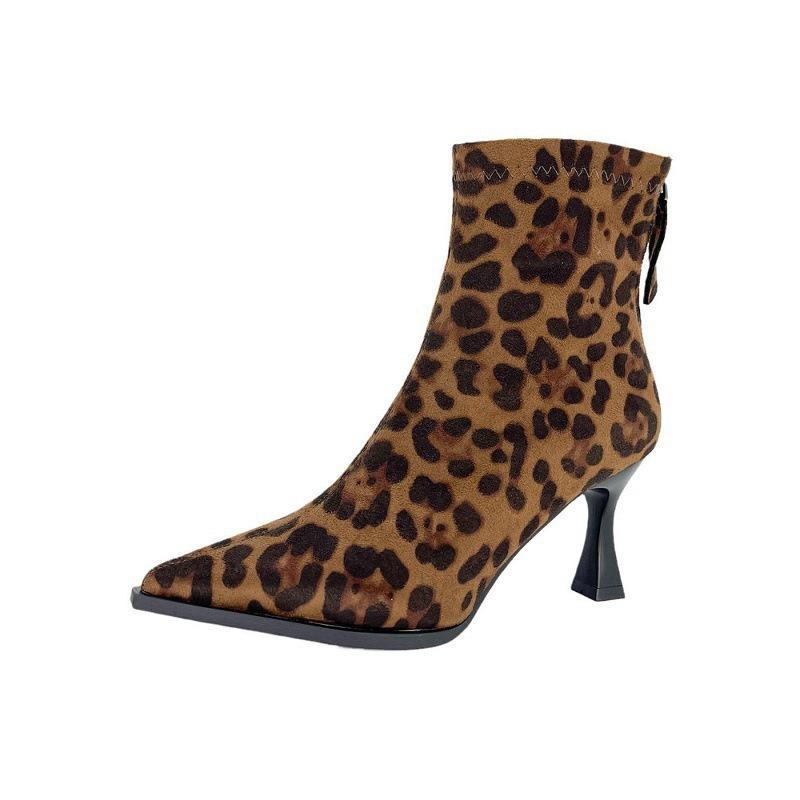 New Spice Girls Sexy Leopard Print Pointed Suede Skinny Heel Short Boots Skinny Boots Women's High Heel Fashion Boots