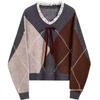 Women's Wine Red Argyle Knitted Sweater with Lace Bow - 2025 Autumn/Winter Retro Collection