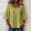 Top da Donna Scollo Quadrato Maniche 3/4 Colore Unito Vestibilità Larga Morbido Elastico Camicetta Design con Intreccio di Pizzo Top Casual per Uso Quotidiano