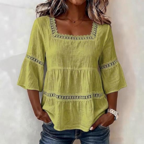 Top da Donna Scollo Quadrato Maniche 3/4 Colore Unito Vestibilità Larga Morbido Elastico Camicetta Design con Intreccio di Pizzo Top Casual per Uso Quotidiano