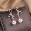 Sweet Temperament Shining Zircon Bow Imitation Pearl Stud Earrings for Women Charm Bride Wedding Engagement Jewelry Accessories