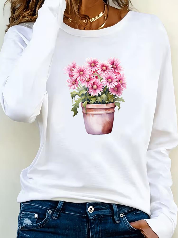 

(Asian Size) Sweet Watercolor Flower Female Clothing Women Tee Lady T Shirt Casual Fashion Top Graphic Trend Cute Printed Long Sleeve T-shirts S