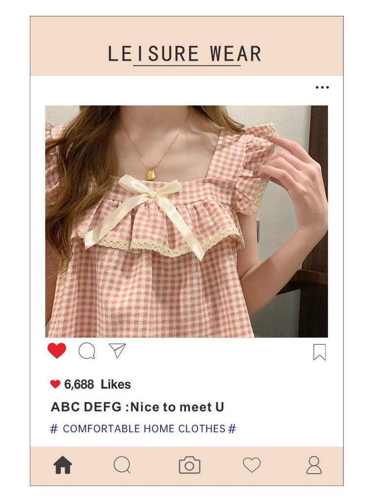 Women's Bubble Wrinkle Summer Plaid Pajama Set with Fixed Chest Pads - Sweet & Cute Homewear Suitable for Outdoor Wear