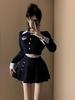Hosaku Co., Ltd. Women's School Blazer, Sailor Suit, Lolita/Gothic Lolita Style, Two-Piece Set, Long Sleeves, Pleated Skirt (Black/Navy, Size L)
