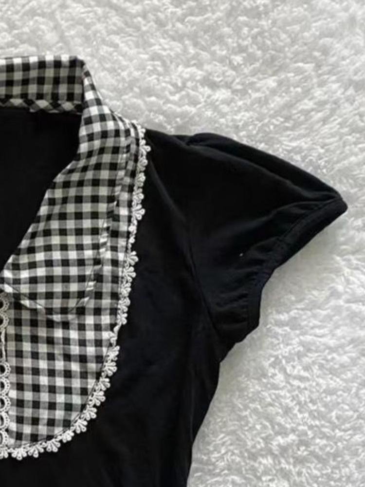 2025 Ropa Mujer Black Woman T Shirts Patchwork Plaid Short Sleeve Base Shirt Fashion Vintage Summer T-shirt Tops Female Clothing