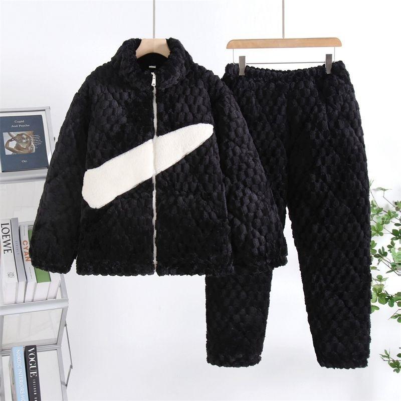 Thickened pajamas women's winter three-layer coral fleece padded cotton can be worn outside, plus sweet loungewear set