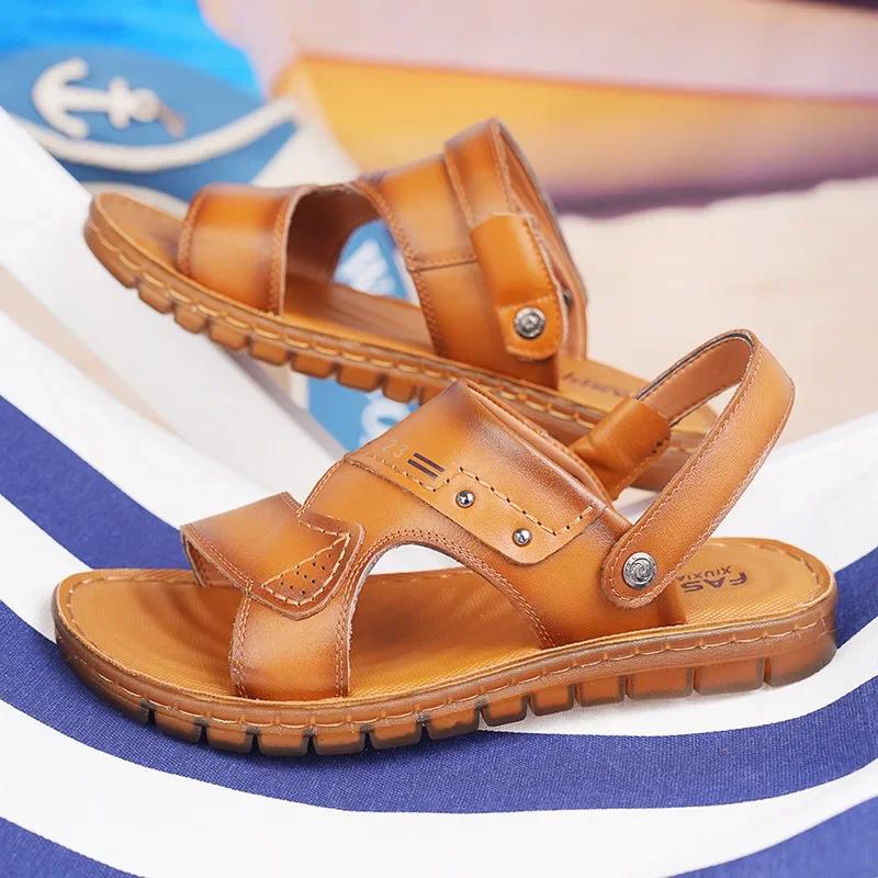 Whoholl Patent Leather Men Sandals Male Summer Shoes Outdoor Casual Sandals Cowhide Beach Shoes Two Uses Men's Sandals Slippers
