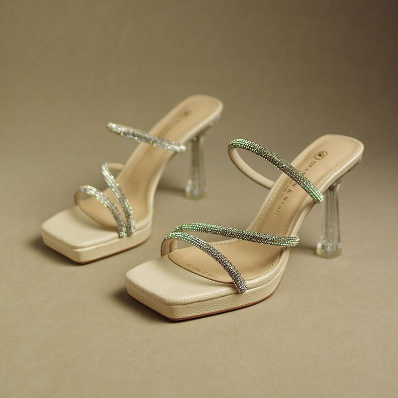 

Rhinestone thin strap sandals drag women summer 2025 new Internet celebrity super fire absolute child high heels temperament socialite 39 бежевый