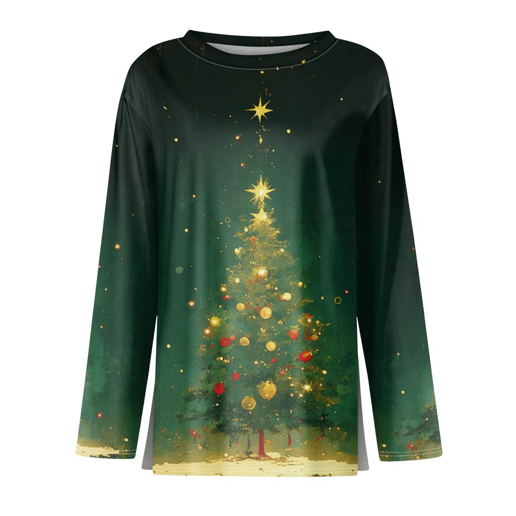 Dame Mote Casual Slitt Kant Rund Hals Langermet Løs Trykket T-skjorte Topp