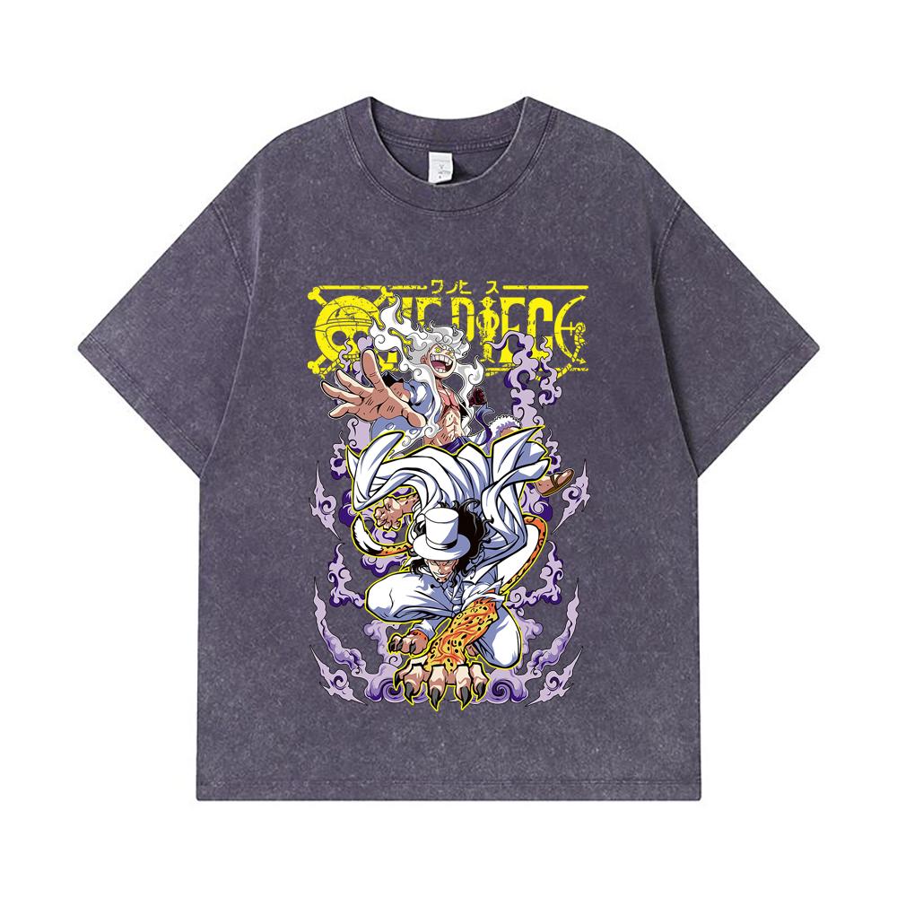 275 GSM Washed T-shirts 100% Cotton One Piece V64 Luffy Lucci Print Unisex Heavy Cotton T Shirt