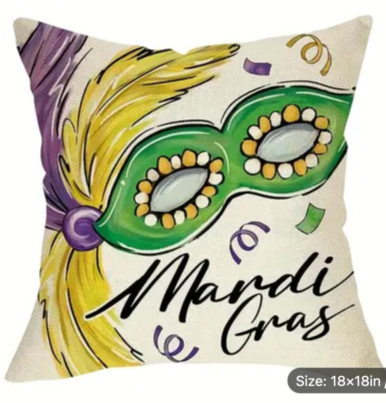 1pc Mardi Gras Celebration Pillow Cover, Mask & "Mardi Gras" Quote , 18"